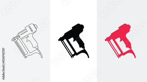 Nail gun vector illustration set construction tool in black red and outline style for diy projects editable vector illustration with png format