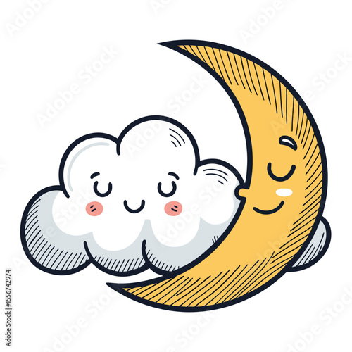 Isolated, serene scene a fluffy white cloud, sleeping peacefully, snuggling a delicate crescent moon at night.