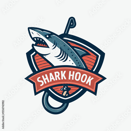 Retro shark hook logo patch with banner for text. Distressed look. Old-school. Marine predator.