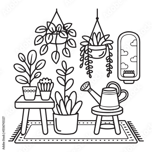 Little Corners of Comfort: Cute & Cozy Coloring Book for Relaxation and Creativity, Little Corner Cute & Comfy" coloring page, Coloring page , line art vector illustration, black and white designs,