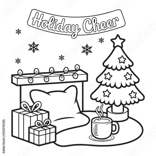 Little Corners of Comfort: Cute & Cozy Coloring Book for Relaxation and Creativity, Little Corner Cute & Comfy" coloring page, Coloring page , line art vector illustration, black and white designs,