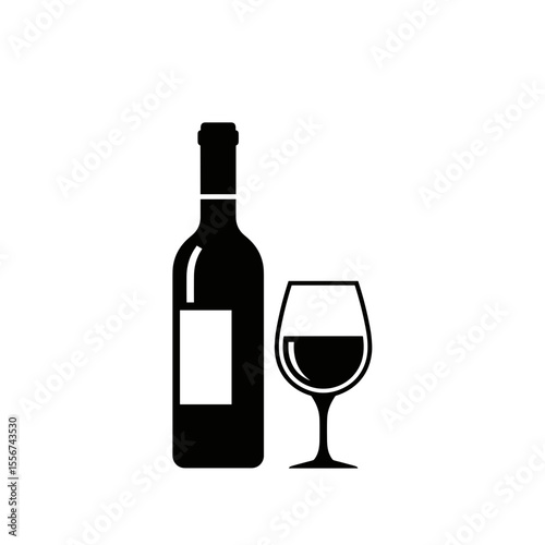 Flat black vector icon of a wine bottle and glass, alcoholic beverage and celebration symbol
