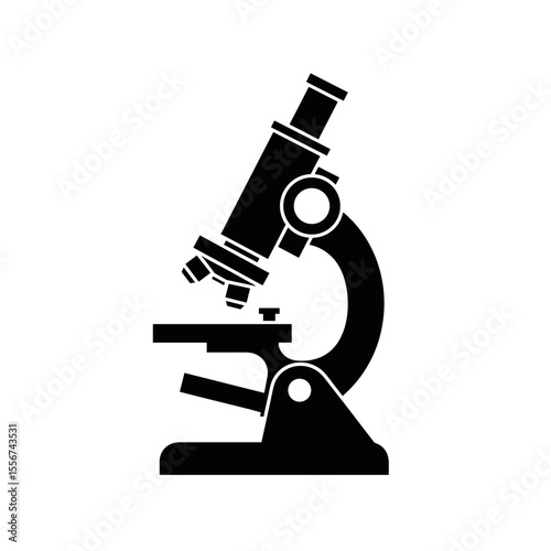 Flat black vector icon of a microscope, scientific research and laboratory equipment symbol
