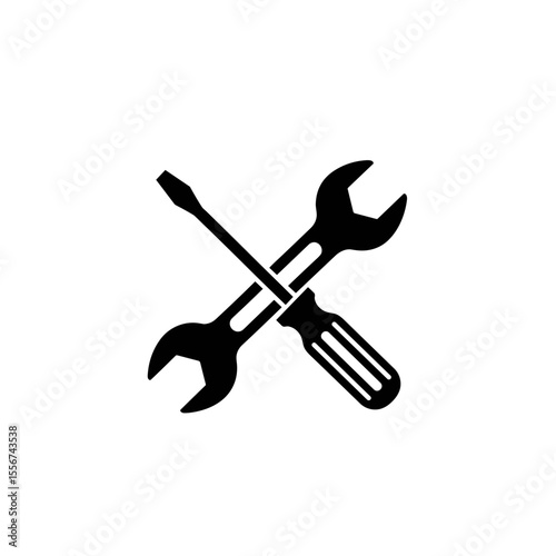 Flat black vector icon of a wrench and screwdriver crossed, tools and maintenance symbol
