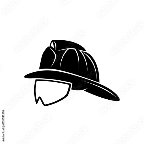 Flat black vector icon of a firefighter helmet with visor, safety and emergency symbol
