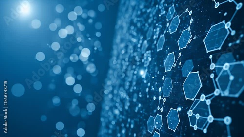 Blue abstract background of hexagons lines and bokeh creating a tech or science aesthetic