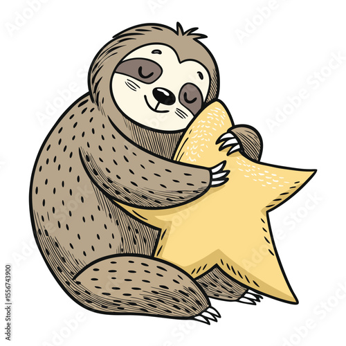 Sleepy sloth cradling star-shaped pillow, eyes closed, whimsical, adorable, soft fur, relaxing.