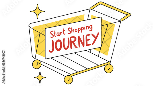 A shopping cart with a sign that says start shopping journey and yellow stars on a white background