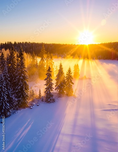 A serene snowy landscape featuring tall evergreen trees blanketed in fresh snow, with soft white drifts covering the ground under a clear blue sky.