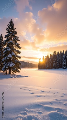 A serene snowy landscape featuring tall evergreen trees blanketed in fresh snow, with soft white drifts covering the ground under a clear blue sky.
