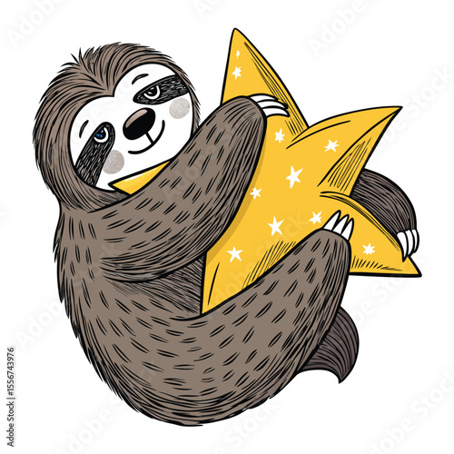 Sleepy sloth cradling a soft, bright star-shaped pillow on Isola. Relaxing, peaceful scene.