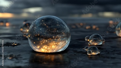 Wallpaper Mural Crystal Spheres Reflecting Golden Light on a Wet Dark Surface with Bokeh Effect Creating an Atmospheric Abstract Composition Ideal for Adobe Stock Torontodigital.ca
