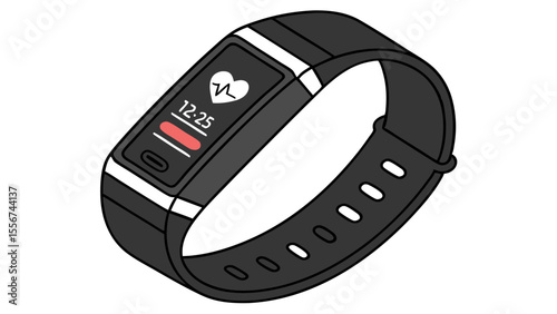 A fitness tracker displaying time and heart rate in a sleek black design with white accents showing data