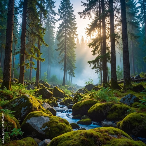 A serene forest stream flows gently over smooth rocks, surrounded by tall, lush trees. Sunlight filters through the leaves, creating dappled patterns on the water.