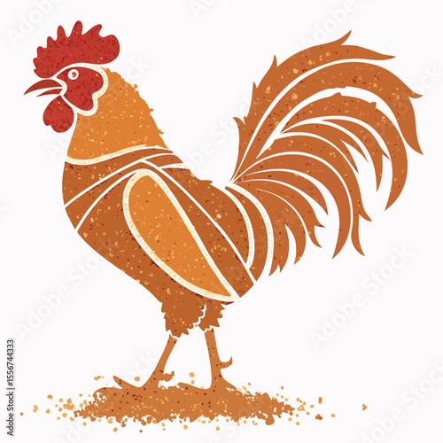 Rooster silhouette comprised of crispy fried crumbs and scratches against a textured background.