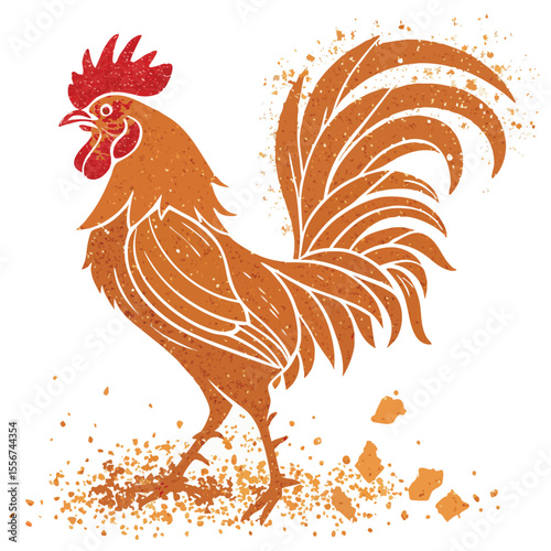 Rooster silhouette formed with crispy fried crumbs, scratches. Poultry art. Unique food silhouette.