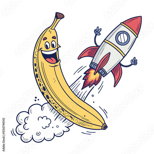 A joyous banana character soars upward, propelled by vibrant, cartoonish rocket boosters. Isolated.