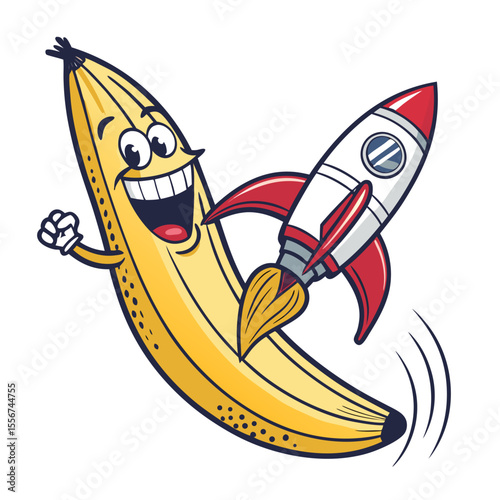 A hyperrealistic smiling banana flies high with rocket boosters. Isolated on white. Detailed and vivid.