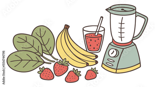 Illustration of a blender with smoothie ingredients including spinach bananas and strawberries near glass
