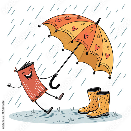 Whimsical umbrella dancing gleefully in pouring rain, wearing yellow boots, cheerful, joyful, happy scene.