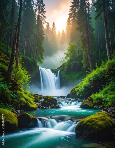 A serene waterfall cascades down rocky cliffs, surrounded by lush green moss and vibrant foliage, creating a tranquil forest oasis filled with nature's beauty.