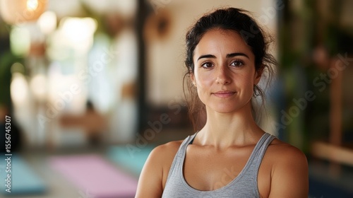 A South American woman in her early 30s stands confidently in a modern indoor setting, radiating wellness and a serene attitude. Perfect for fitness and lifestyle themes. Free Download A South American woman in her early 30s stands confidently in a modern indoor setting, radiating wellness and a serene attitude. Perfect for fitness and lifestyle themes. - GFXLoad