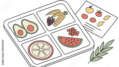 Illustration of a divided tray with avocados carrots grapes orange watermelon and fruit reference sheet