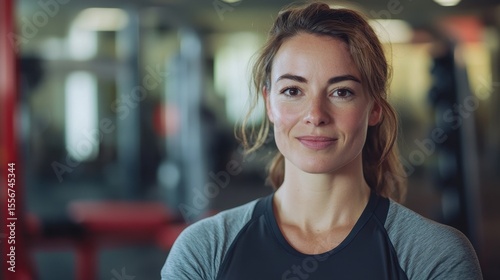 A confident young European woman poses in a gym, showcasing her dedication to fitness. Captured in a bright indoor environment, she radiates positivity and strength.