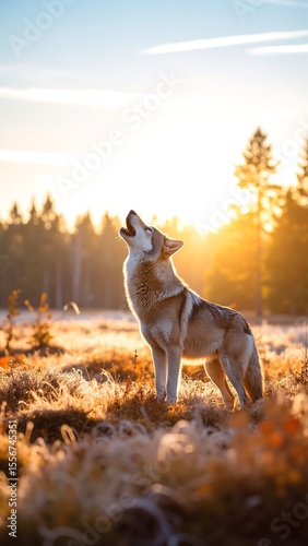 A majestic wolf stands alert in a lush green meadow, its head held high, ears perked, and fur glistening in the sunlight, exuding strength and grace.