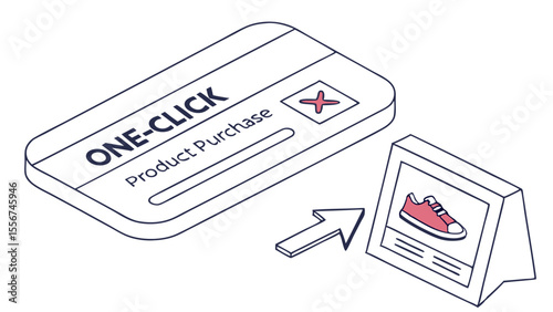 Isometric view of one click product purchase card with arrow pointing to a shoe display stand icon design