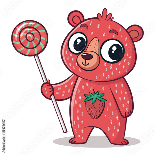 Adorable strawberry bear plushie holding a vibrant, swirled lollipop, isolated on a white background.