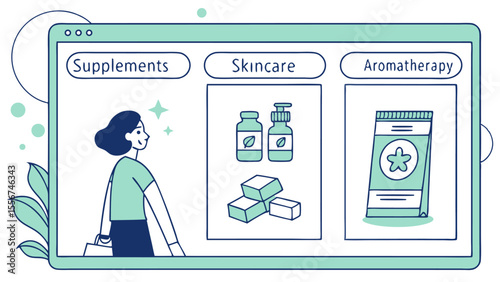 Illustration of a woman shopping online for supplements skincare and aromatherapy products on a tablet device
