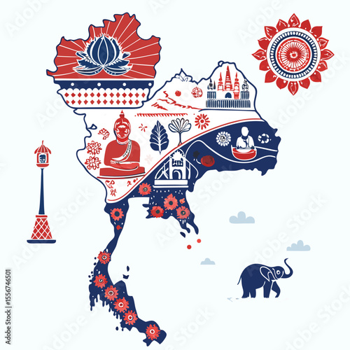 Thailand map, stylized, vibrant colors, featuring iconic cultural symbols and landmarks across regions.