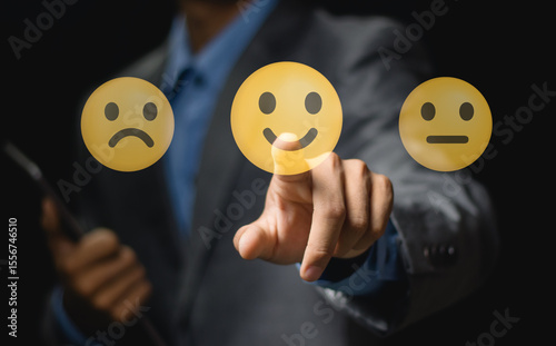 Hand touching happy smile relax face , good feedback rating, think positive, customer review, assessment, satisfaction, world mental health day, Calm mood, good mental health, good mood.