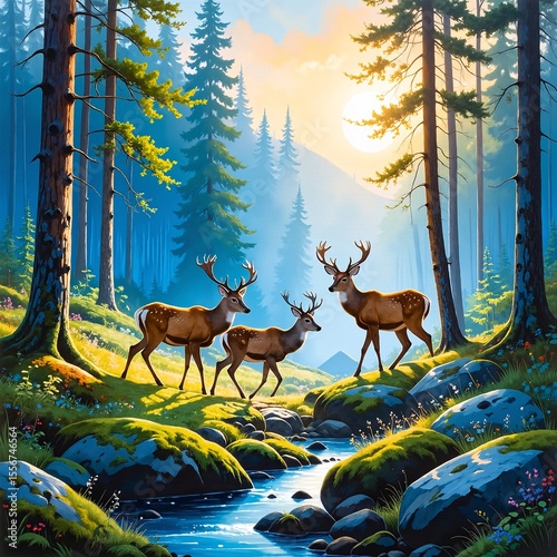 A serene forest scene featuring two graceful deer standing amidst lush greenery, dappled sunlight filtering through the trees, creating a tranquil atmosphere.
