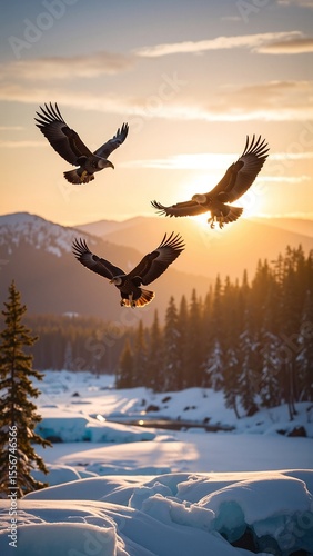 Two majestic eagles soar gracefully through a clear blue sky, their powerful wings outstretched, showcasing their striking feathers and keen eyes.