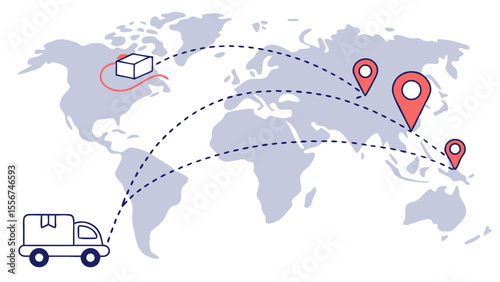Illustration of a global shipping network with a truck, package, and destination pinpoints across a world map