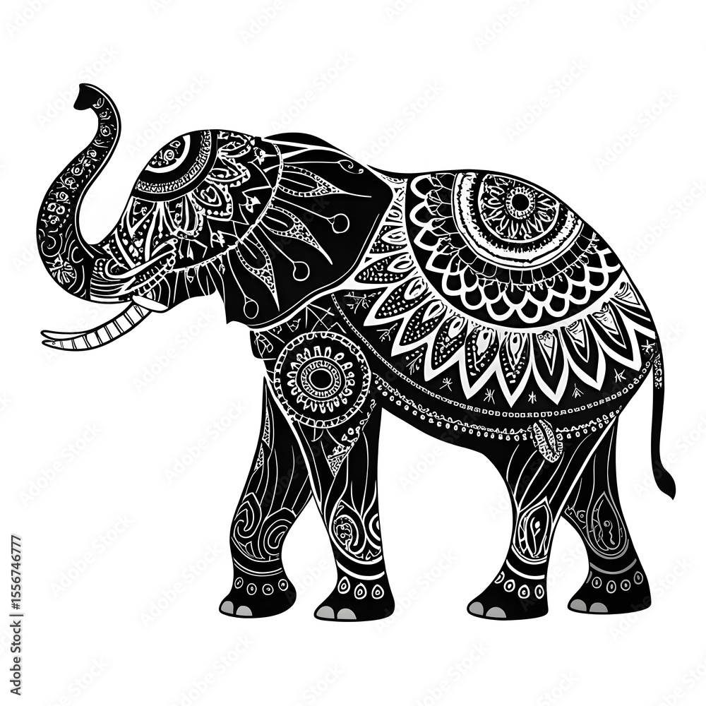 Fototapeta premium Tribal-style elephant silhouette with patterns inside, white background