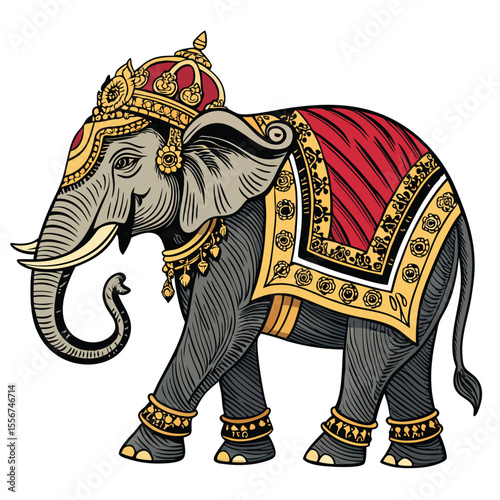 Stylized thai elephant, majestic, intricate royal fabric, golden details, ornate, decorative, traditional.