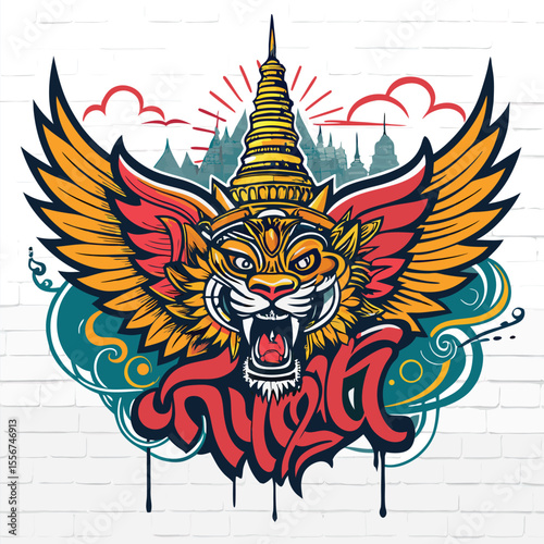 Thai deity mural explodes into vibrant street art. Mythical creatures meet graffiti. Intricate details, bold colors.