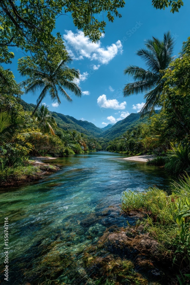 Fototapeta premium Tropical river valley with lush foliage