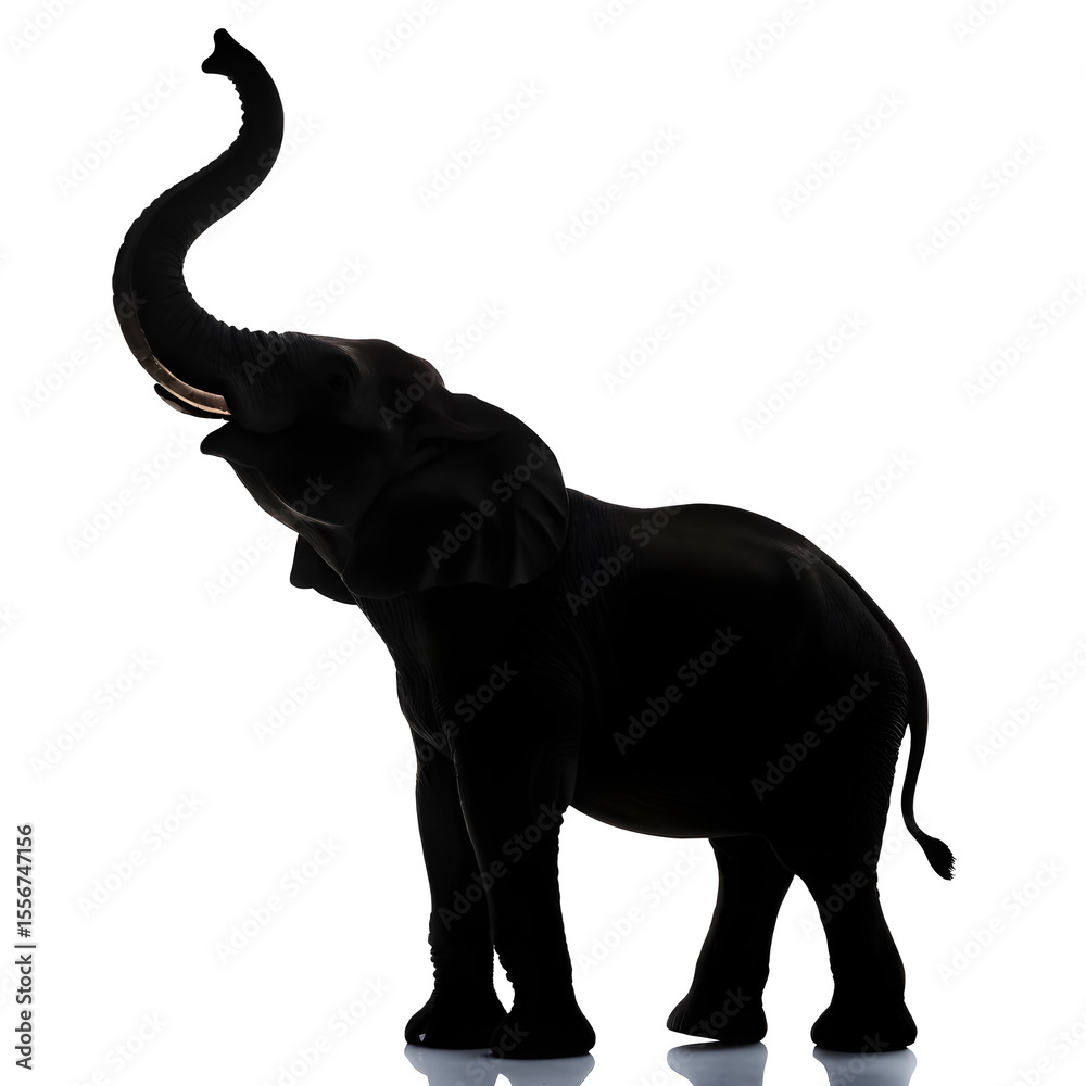 Obraz premium Elephant silhouette raising trunk high, symbolizing celebration, white background