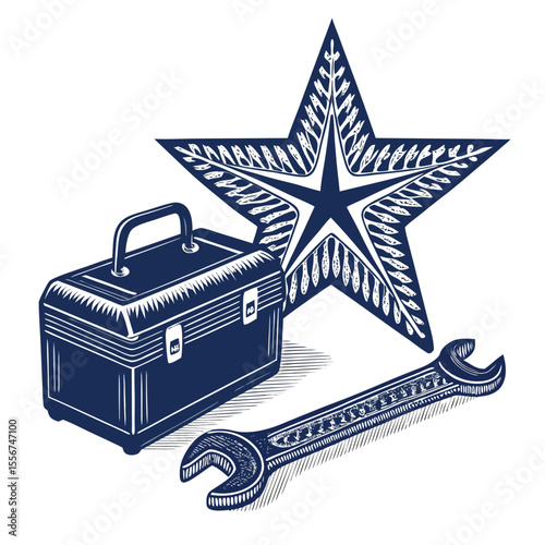 A weathered toolbox, a worn wrench, and a star-shaped patch with tire tread texture; gritty, industrial aesthetic.