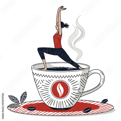 A whimsical teacup with legs doing yoga poses isolated on a plain white background, creative concept.
