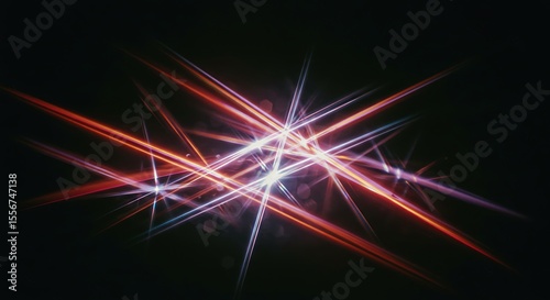 Abstract composition of intersecting light streaks in red, white, and blue hues against a dark background.