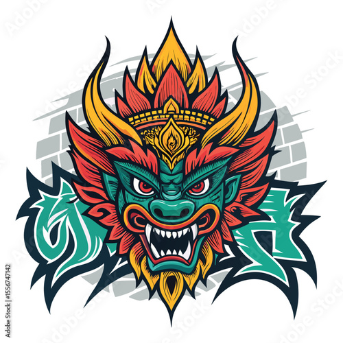 Graffiti art melding Thai mythological creatures with vibrant street art, Bangkok alleyways, murals, spray paint.