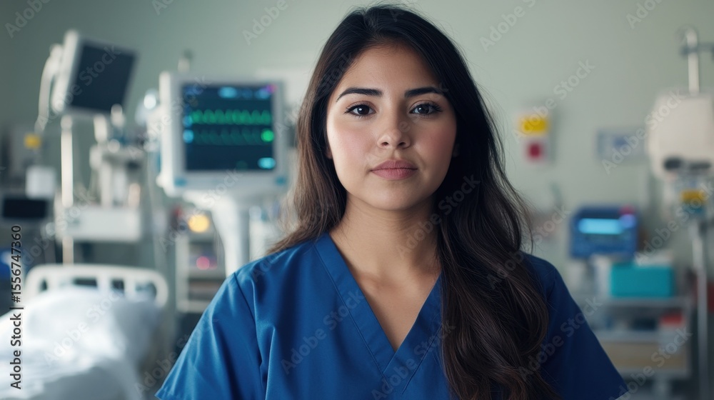 Obraz premium A young Latina woman in scrubs stands confidently in a healthcare setting. Her serious expression and professional attire highlight her role in patient care.