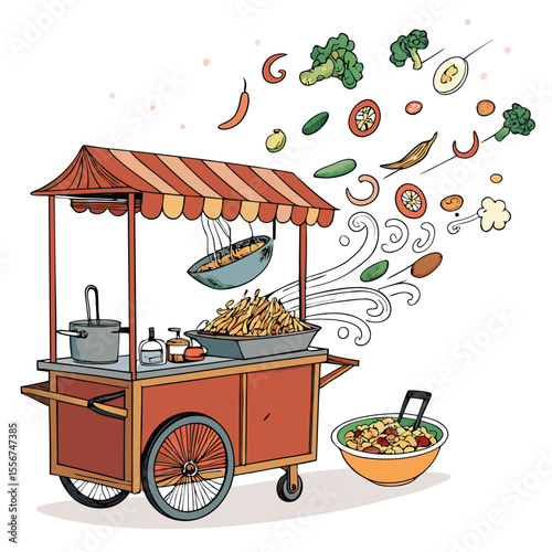 Vibrant Thai food cart, wok sizzling, ingredients airborne. Street food.