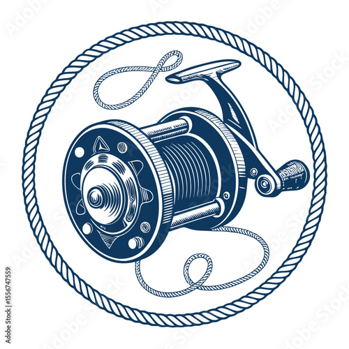 Design a vintage-style circular badge featuring a detailed old fishing reel and fishing line, incorporating grunge textures and a muted color palette.