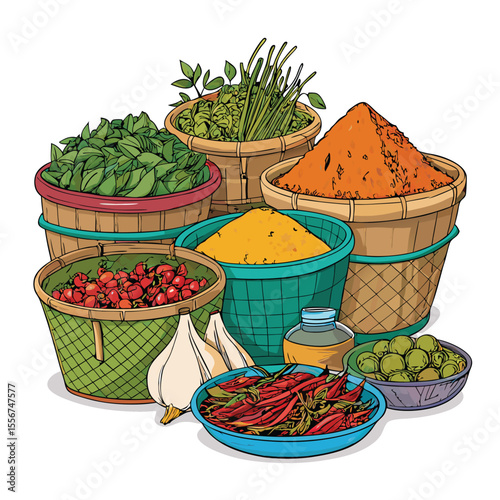 Vibrant Thai market scene Colorful spices, herbs, fresh produce, people, bustling atmosphere, food stalls.